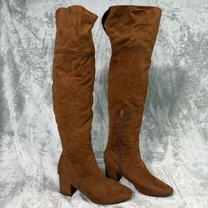 Hot Kiss Brown Suede Thigh High Boots Women’s Size 8 Block Heel Over-The-Knee